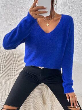 NOOS Italy Electric Blue Mohair Alpaca Blend V-Neck Sweater size M